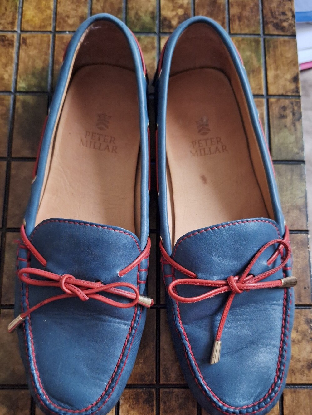 Peter Millar Blue Leather Loafers with Red Laces